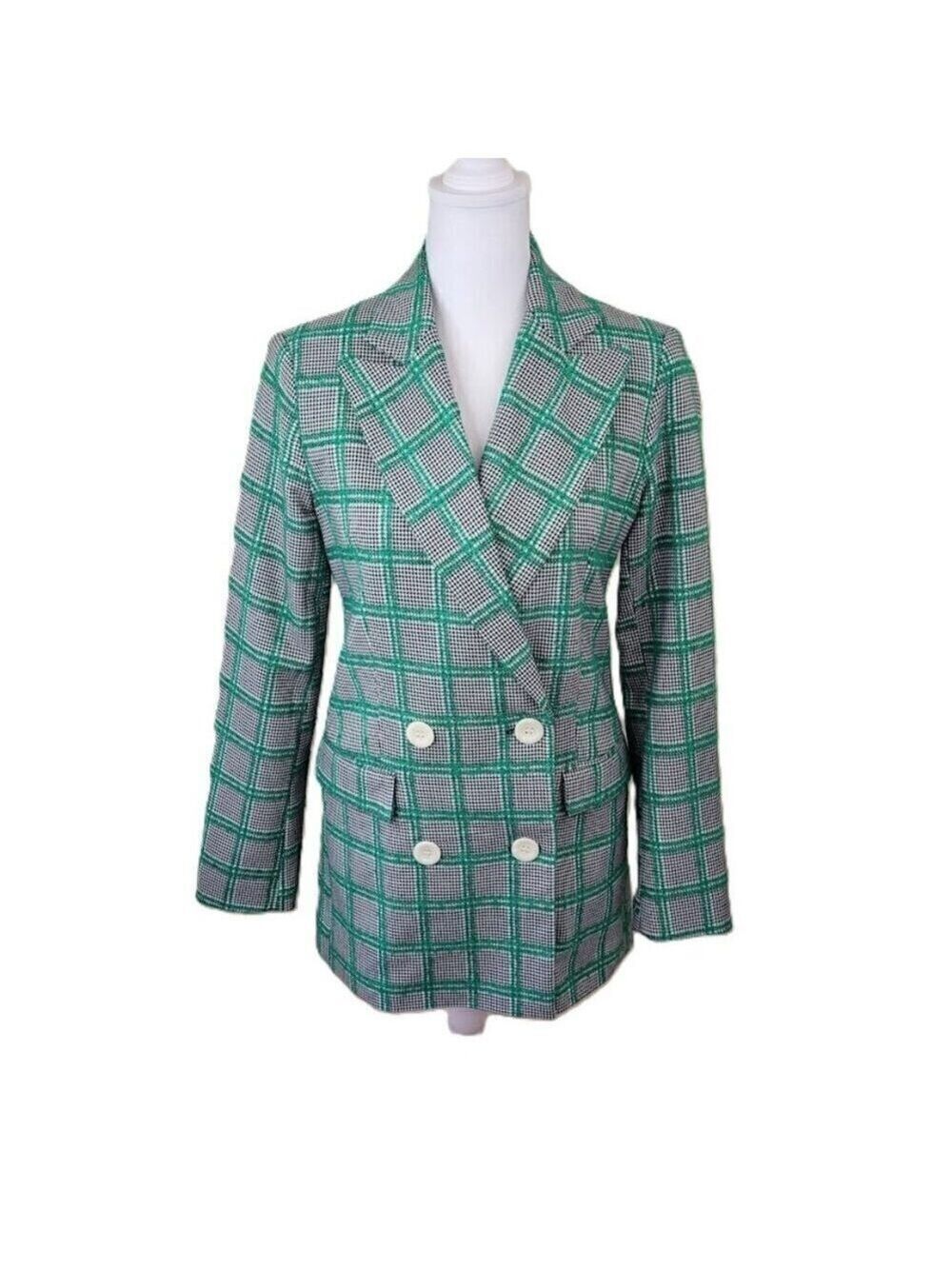 Topshop Plaid Blazer Green Black White Double Breasted Jacket Women's Size 2